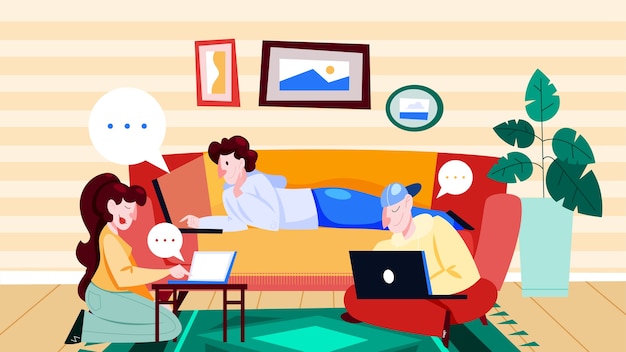 People with laptop computer at home. Character working on notebook. Woman at the desk, freelancer on the couch. Cartoon  illustration