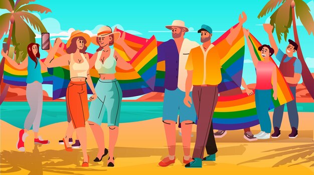 Vector people with lgbt rainbow flag standing together on tropical beach gay lesbian love parade pride festival transgender love