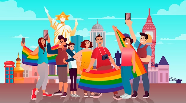 people with lgbt rainbow flags standing together near famous landmarks gay lesbian love parade pride festival transgender love concept horizontal vector illustration