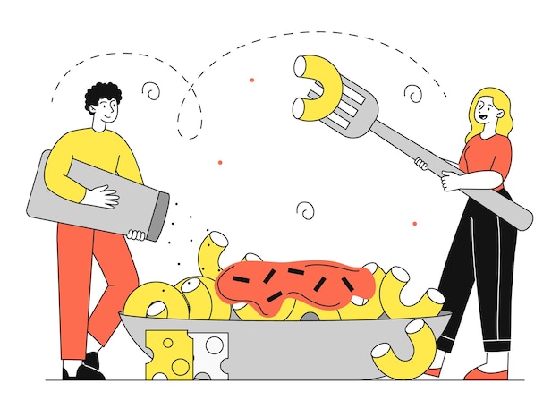 People with macaroni linear concept man and woman near bowl with pasta cheese and ketchup