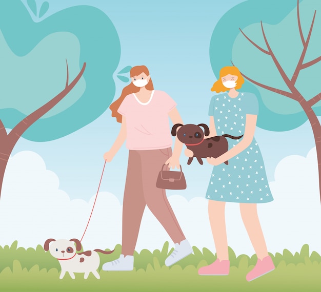 People with medical face mask, women walking with pets dog