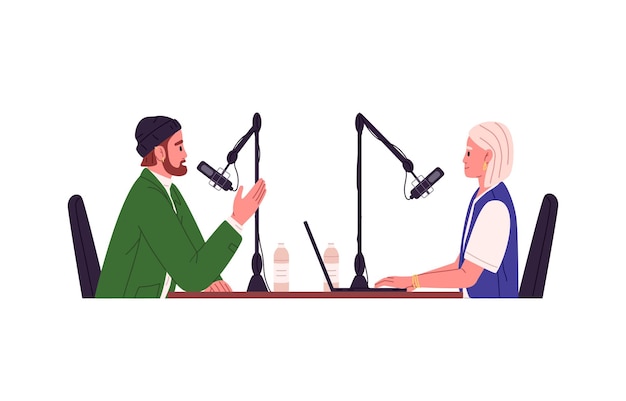 People with microphones record podcast in studio Audio interview for modern radio broadcast Host and guest communication with mics at table Flat vector illustration isolated on white background