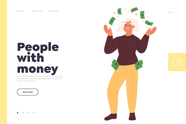 People with money concept of landing page with happy rich woman throwing dollars making cash rain