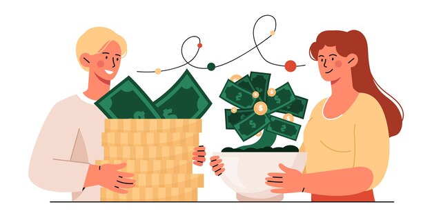 Vector people with money tree concept man and woman with banknotes and gold coins investment and trading financial literacy and passive income economy cartoon flat vector illustration