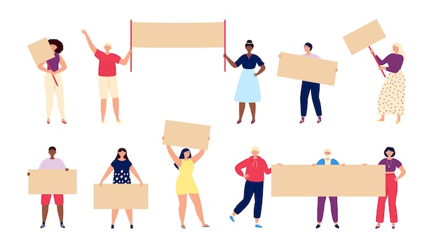 People with placards. Active guy, political person holding protest banner. Feminism girl, vote or demonstration group utter vector characters. Illustration demonstration placard, protest political