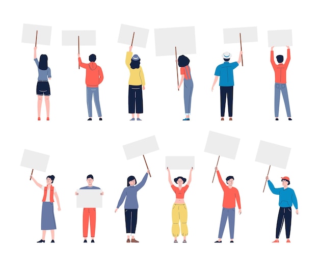 People with placards Young protest movement demonstration flat characters portrait Vote campaign fan group or demonstrate recent vector set