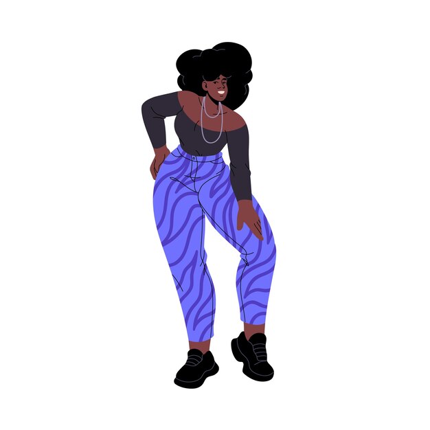 Vector people with sporty figure in disco outfit standing african american girl posing hand on her hip happy slim woman smiles active lifestyle flat isolated vector illustration on white background