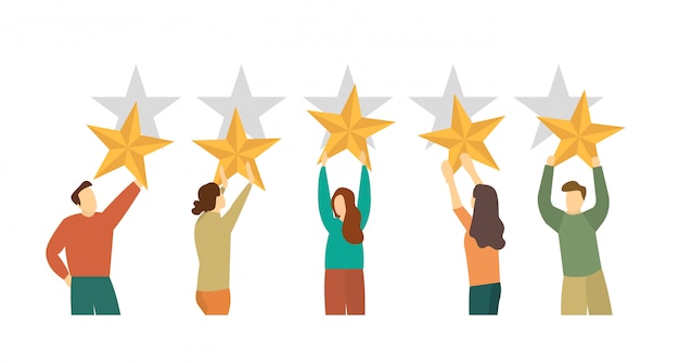 Vector people with stars. customer feedback. rating, five stars.