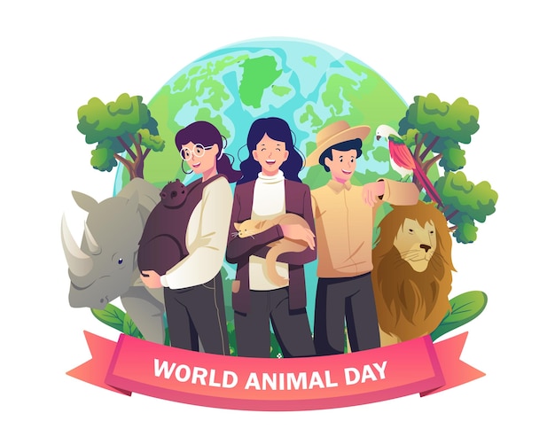 People with their animal pets on World animal day and the Wildlife Day concept illustration