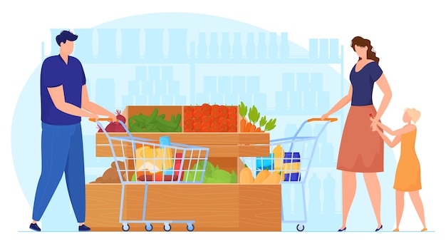 People with trolleys in vegetable department in supermarket, woman with baby in supermarket, man shopping. Vector illustration