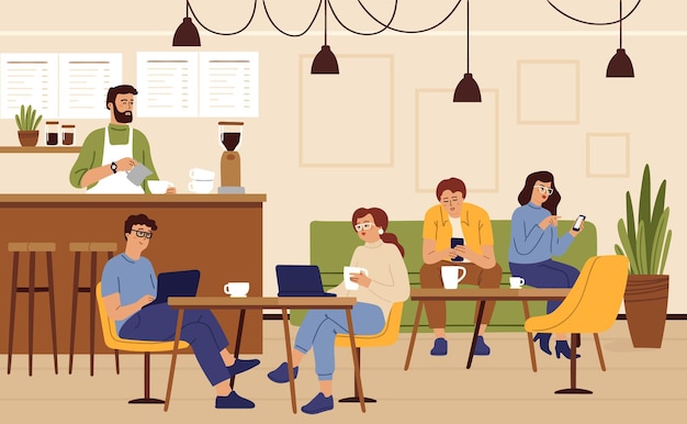 People work in cafe. Barista working, freelancer drinking coffee and computer. Coworking space, modern community swanky vector concept. Working people indoors, bar interior or freelancer illustration