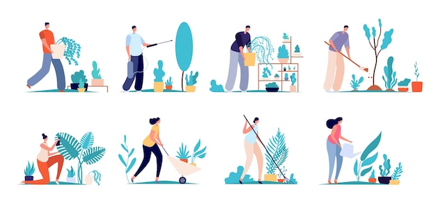 People work in garden Farm botanists natural gardening worker characters Flat agriculture labor florist care flowers utter vector set