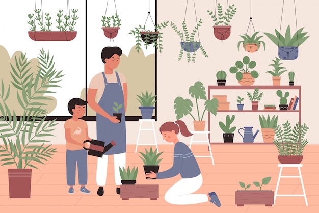 People work with plants in orangery, garden, greenhouse character flat  illustration concept