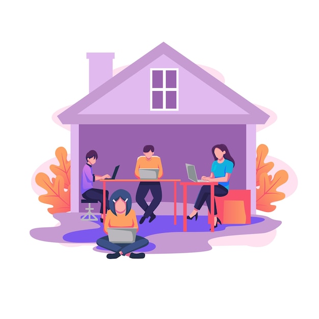 People working from home remote job freelancer activity flat vector style illustration design