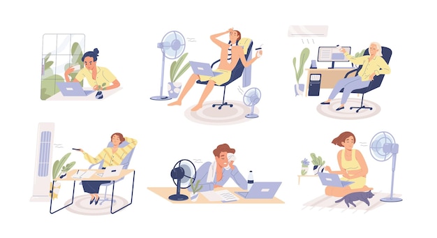 People working in heat, using air conditioner and fan at home and in the office. Overheating and exhaustion. Workplace conditioning. Flat vector cartoon illustration isolated on white background.