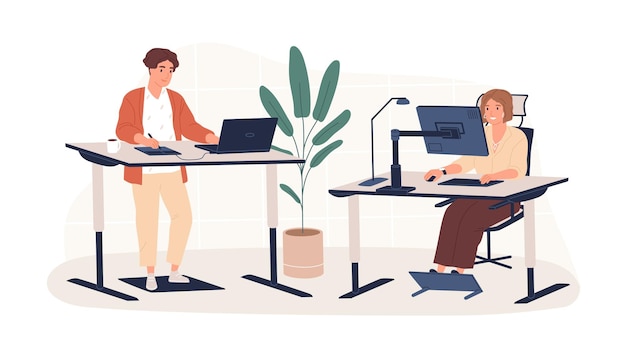 People working at modern ergonomic workplace vector flat illustration. Man and woman employees sitting and standing behind innovative furniture isolated on white. Contemporary workspace interior.