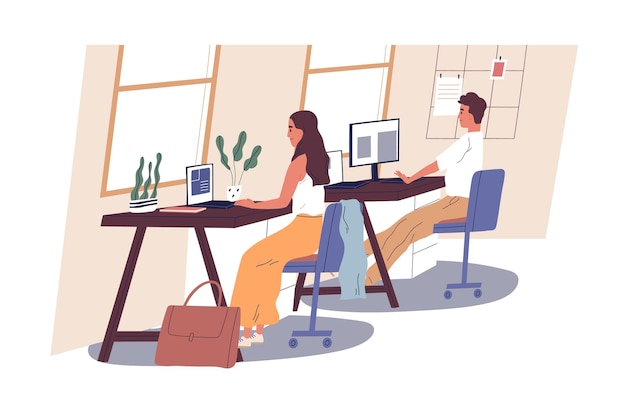 People working in office. Man and woman sitting at desks with laptop and computer. Workplace with modern interior. Daily routine. Everyday company life. Colorful flat vector illustration.