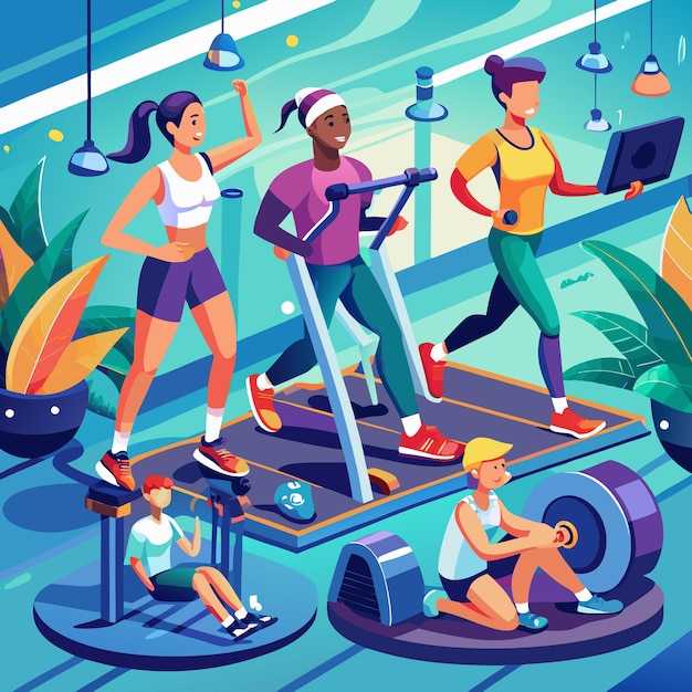 Vector people working out on different gym equipment in a colorful isometric illustration