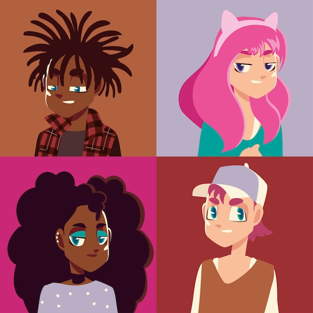 People youth culture girl with pink hair, afro man with dreadlocks  illustration