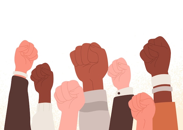 Vector peoples fists raised up at protest, strike. activists arms. crowd at demonstration, revolution. fight for human rights and freedom concept. flat vector illustration isolated on white background.