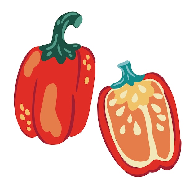 Pepper. Red pepper and slices. Vegetables. Healthy food. Cooking ingredients for your design. Vector cartoon illustration.