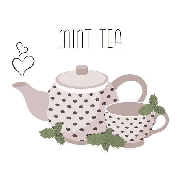 Peppermint tea healthy drink Teapot and cup with mint tea and mint Illustration vector