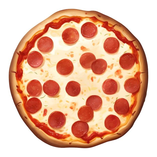 Pepperoni Cheese Pizza Top View Isolated Detailed Hand Drawn Painting Illustration