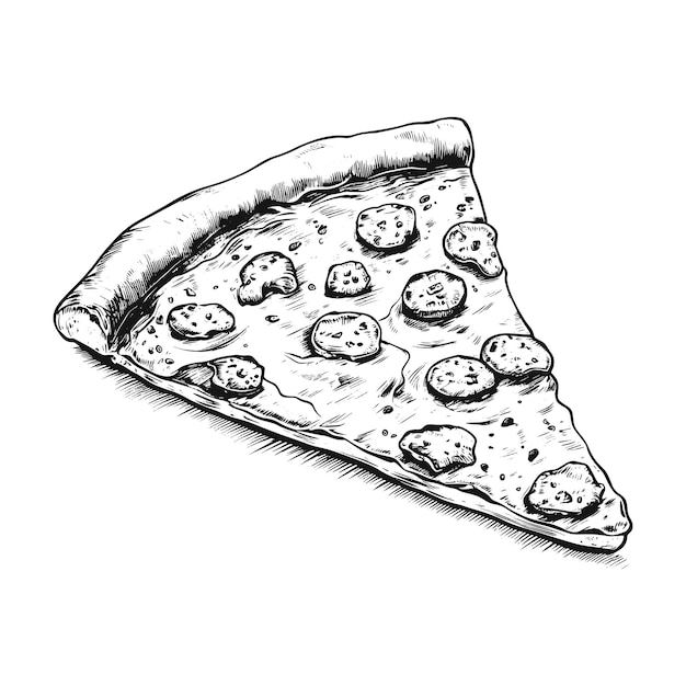 Pepperoni pizza engraved style drawing vector