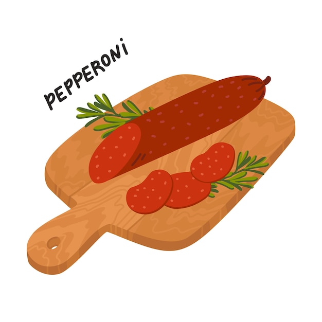 Pepperoni sausage Meat delicatessen on a wooden cutting board