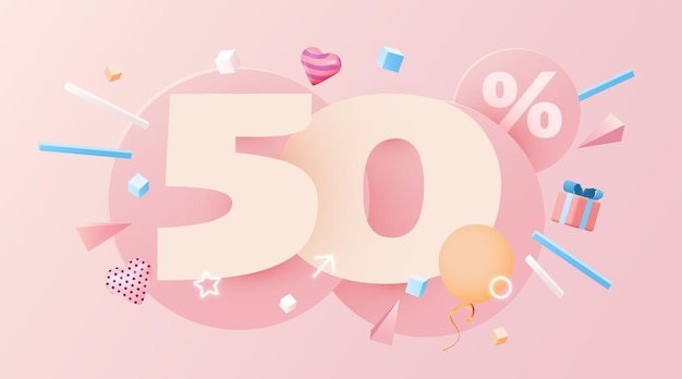 Percent off discount creative composition d sale symbol with decorative objects heart shaped balloon...