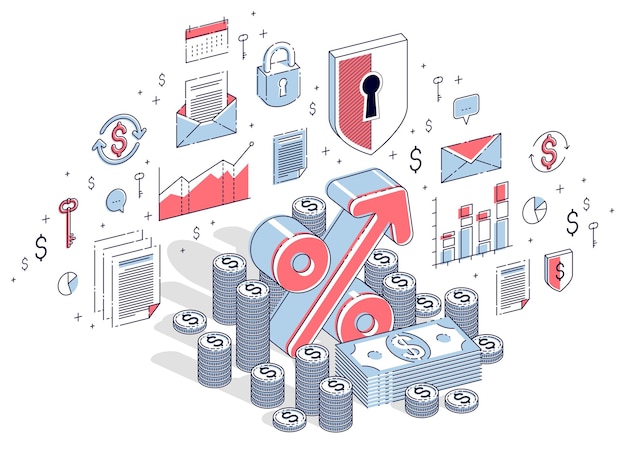 Vector percentage rate income profit concept, percent symbol with cash money stack isolated on white background. isometric 3d vector finance illustration with icons, stats charts and design elements.