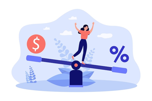 Vector percentage symbol and money on balancing scales with woman. person measuring interest rate flat vector illustration. bank credit, investment concept for banner, website design or landing web page