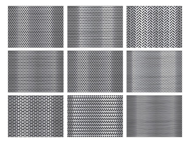 Perforated steel Grill texture stainless steel plate with perforation holes and metallic grid background vector set