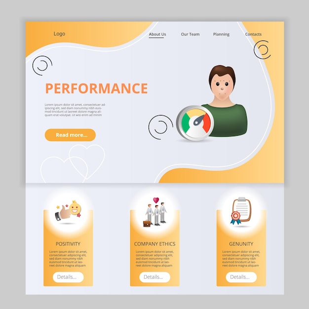 Performance flat landing page website template positivity company ethics genuinity web banner with