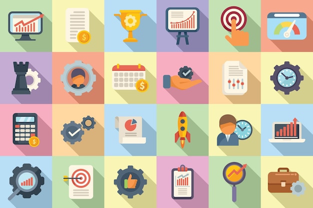 Performance management icons set flat vector People study