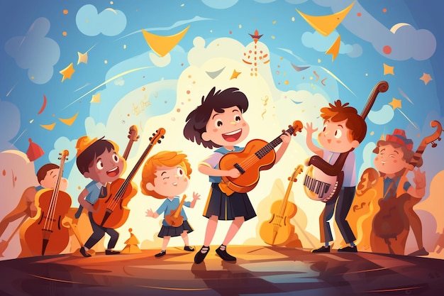 Vector performing children with music instruments