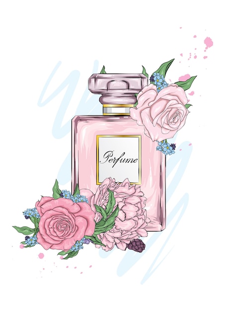 Perfume bottle and flowers Vector illustration Fashion and style clothes and accessories