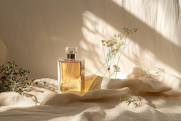 Vector perfume bottle and herbs sitting on a linen in the style of dynamic and intense beige and amber