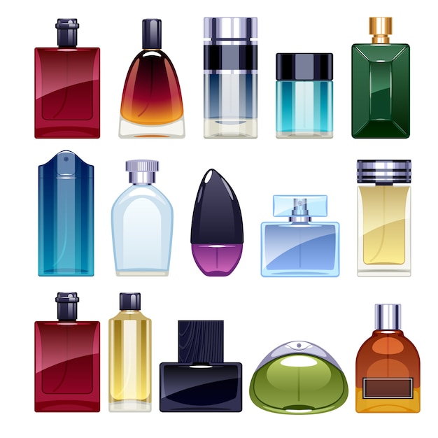 Perfume bottles icons set  illustration. Eau de parfum. Eau de toilette.