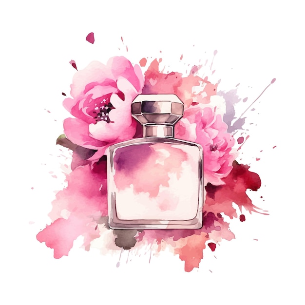 Perfume and flowers rose pink watercolor clipart fashion illustration