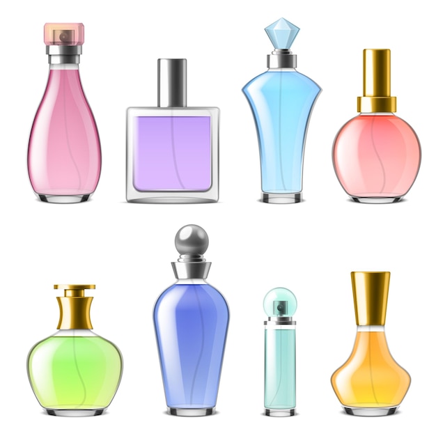 Perfume glass bottles Realistic 3d cologne transparent packaging colored fragrances cosmetic mockup gold and silver caps Cosmetic blank glamour packaging collection vector isolated set