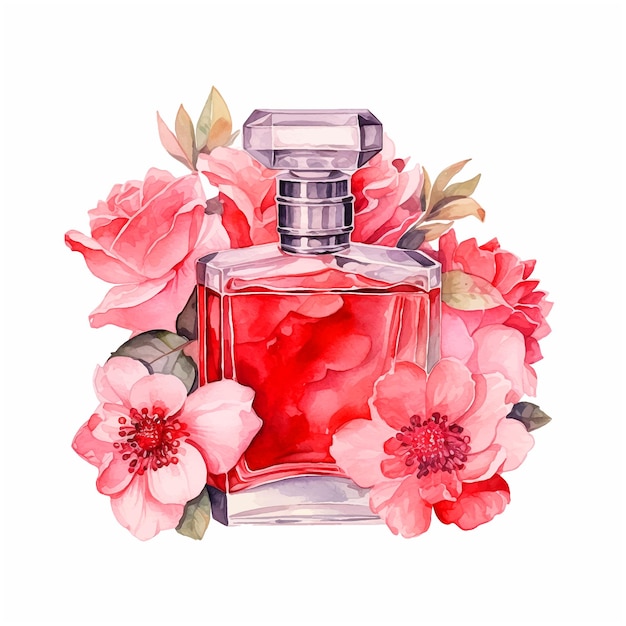 Perfume surrounded by flowers watercolor paint