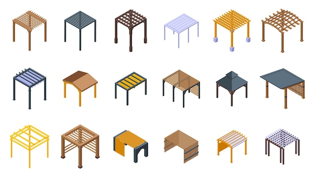 Pergola icons set isometric vector Park gazebo