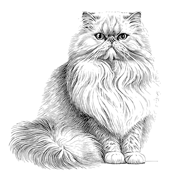 Persian fluffy cat sitting hand drawn sketch Domestic animals Vector illustration.