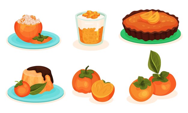 Vector persimmon desserts collection stuffed and whole fruits pudding pie vector illustration on white background