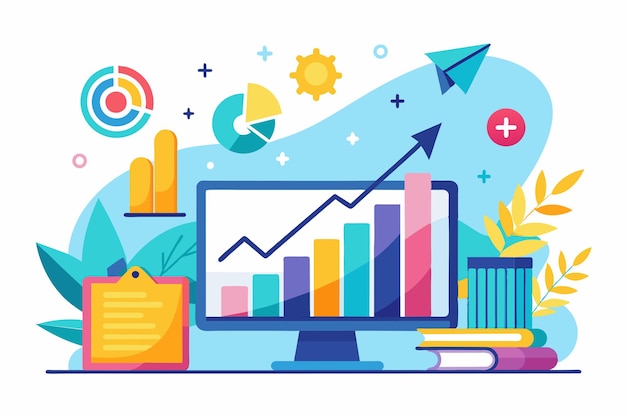 Vector a person analyzes growth charts on a computer searching for innovative ideas to enhance business development strategies and improve outcomes