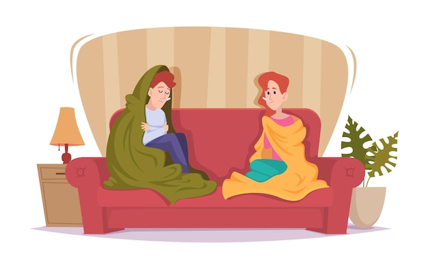 Person under blanket Sick covered characters relaxing on sofa exact vector cartoon background