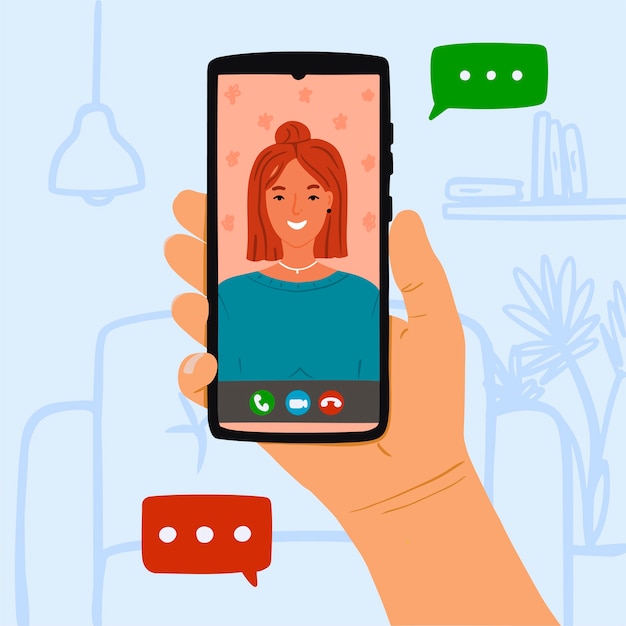 Person call young woman throught online video on phone at home. Concept Stay at home and call your friend or lover from video chart. Hand drawn  illustration on blue background with furniture.