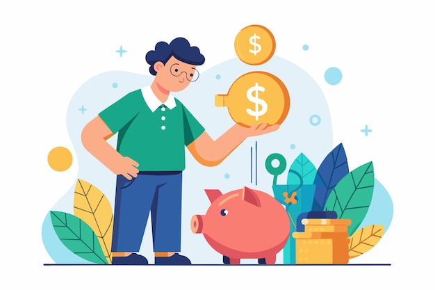 A person deposits coins into a piggy bank surrounded by plants promoting the idea of saving money creatively Saving money Customizable Disproportionate Illustration