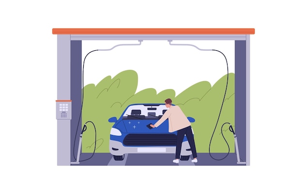 Person driver cleaning auto at car wash Man wiping polishing clean automobile with wiper duster at carwash selfservice washer station Flat vector illustration isolated on white background